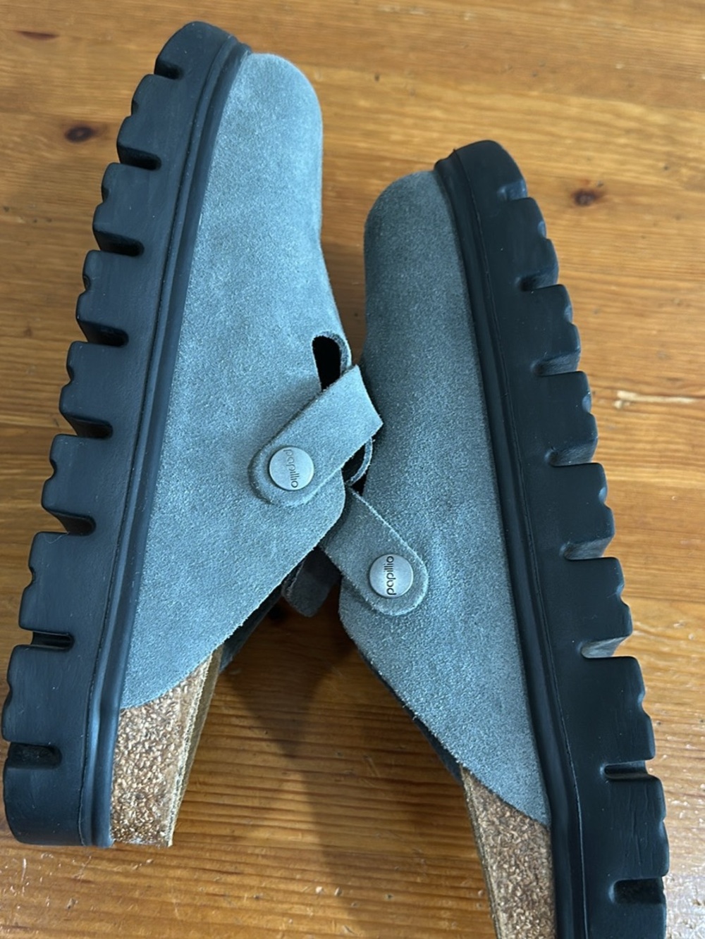 Papillio Gray Suede Buckle Clog Mule with Black Lug Sole - Picture 8 of 9